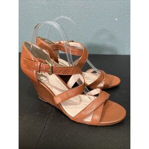 Vince Camuto Wedge Sandals Womens 8.5 Tan Leather Ankle Cross Strap 70s Resort‎